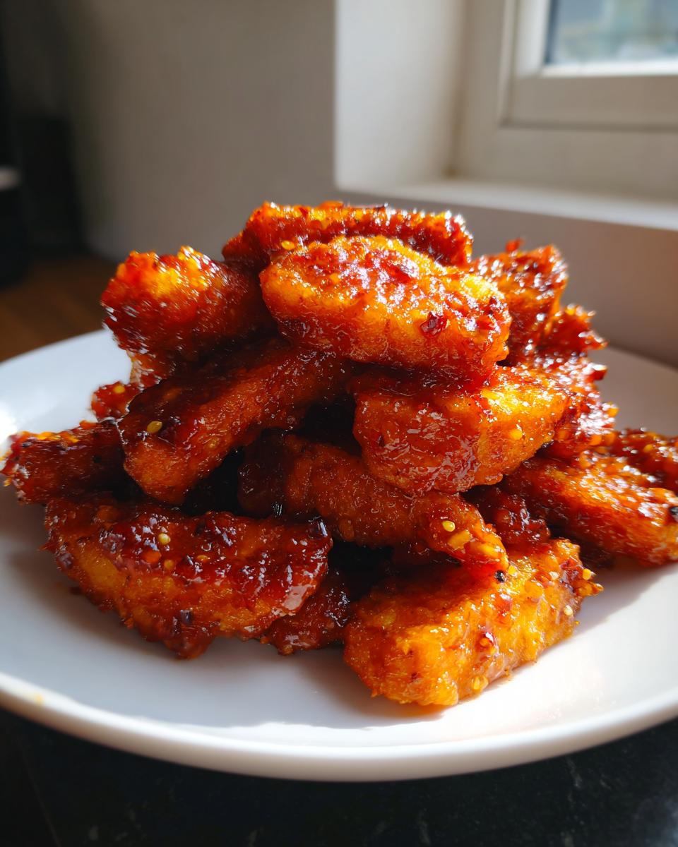 A close-up, appetizing pile of Sweet Spicy Honey Chili Wedges coated in a glossy, reddish-orange glaze.