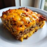 A close-up of a square serving of Taco Bake Casserole layered with seasoned ground beef and melted cheddar cheese.