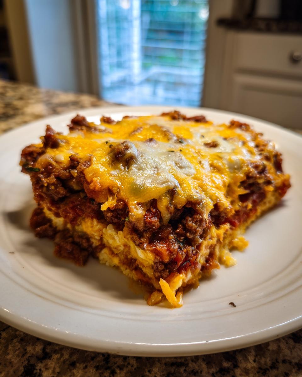 A close-up shot of a hearty slice of Taco Bake Casserole topped with melted cheddar and Monterey Jack cheese.