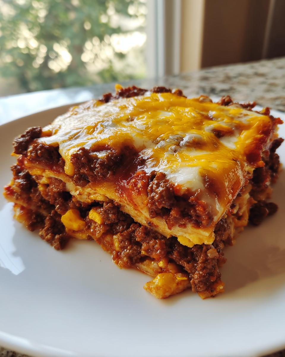 A generous slice of Taco Bake Casserole layered with seasoned ground beef and topped with melted cheddar and Monterey Jack cheese.