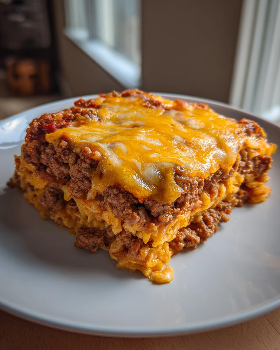 A generous slice of Taco Bake Casserole featuring layers of seasoned ground beef and cheesy rice, topped with melted cheddar cheese.