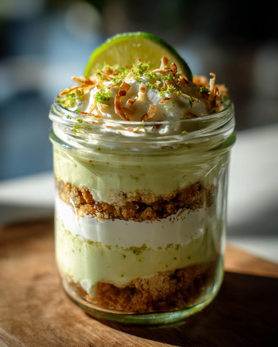 Layers of lime filling, cream, and graham cracker crust in a Tasty Coconut Key Lime Pie Parfait served in a glass jar.