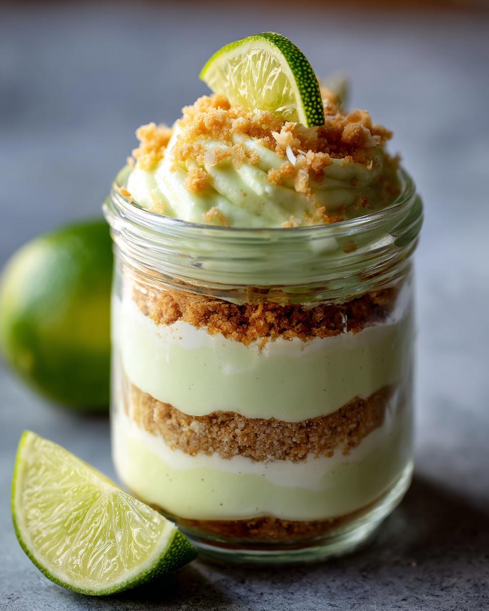 Close-up of a Tasty Coconut Key Lime Pie Parfait layered in a glass jar, topped with crumbs and a lime slice.
