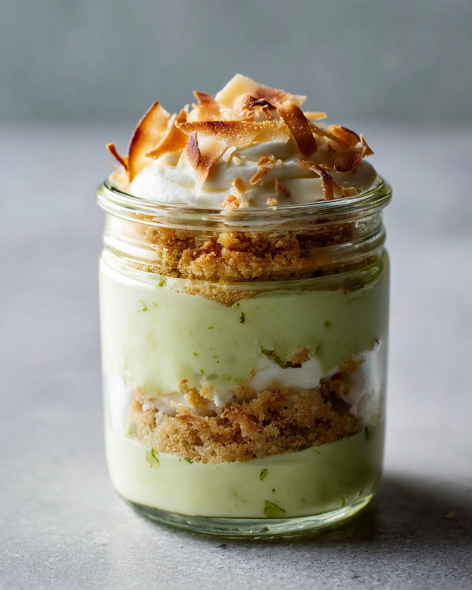 A layered Tasty Coconut Key Lime Pie Parfait in a small glass jar, topped with whipped cream and toasted coconut flakes.