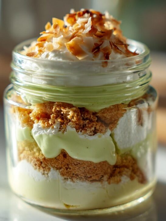 Close-up of a Tasty Coconut Key Lime Pie Parfait layered in a glass jar, topped with whipped cream and toasted coconut.