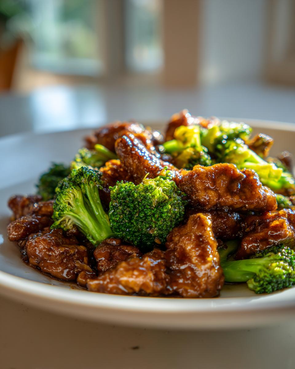 Close-up of glossy, saucy Teriyaki Chicken And Broccoli Stir Fry served on a white plate.