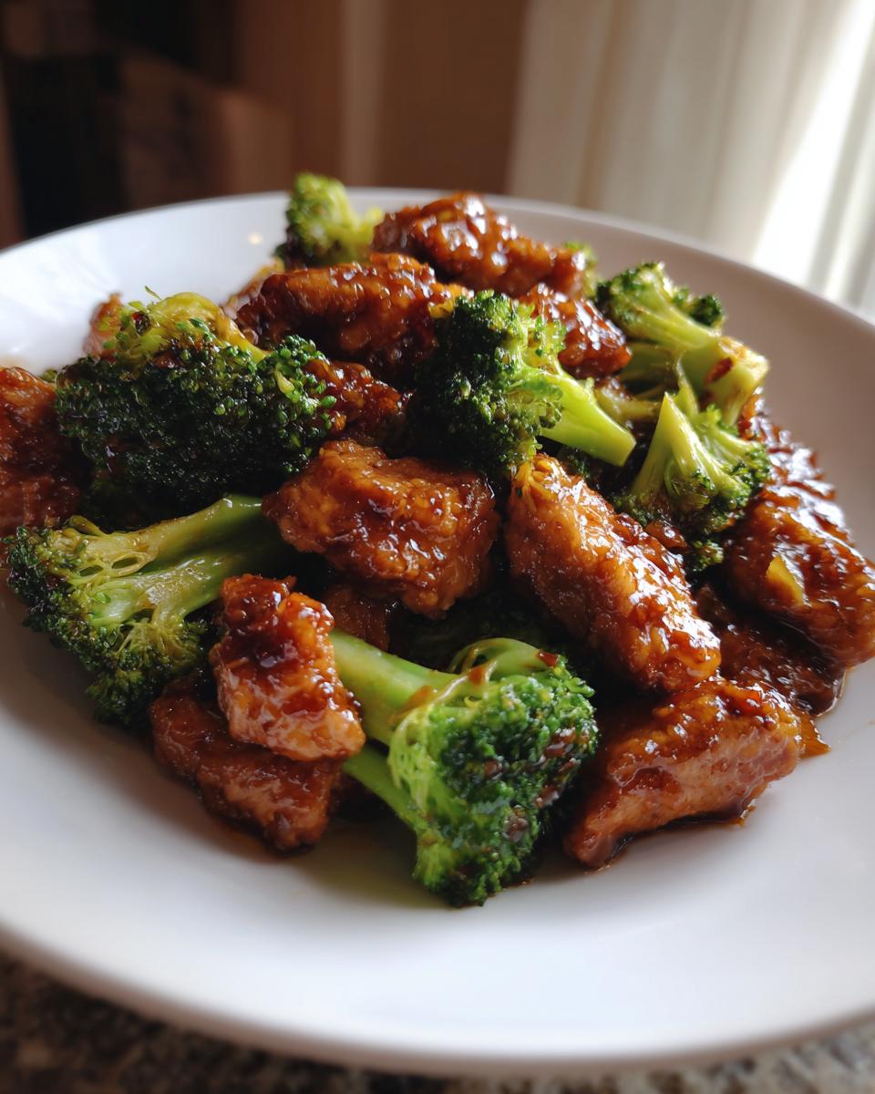 A close-up shot of Teriyaki Chicken And Broccoli Stir Fry coated in a glossy brown sauce on a white plate.