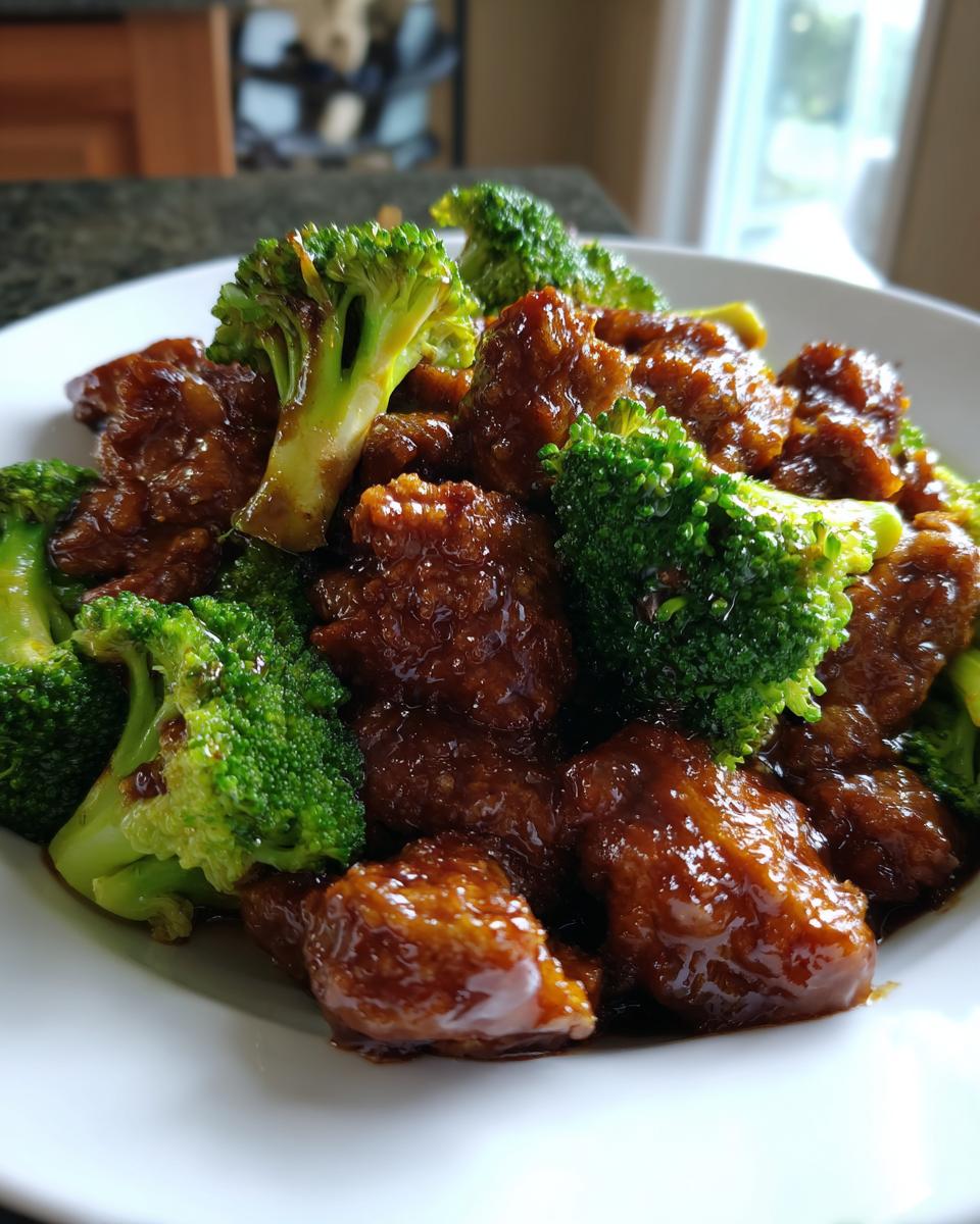 Close-up of glossy, saucy pieces of chicken mixed with bright green broccoli florets in a Teriyaki Chicken And Broccoli Stir Fry.