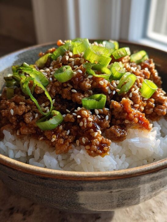 Close-up of a Teriyaki Turkey Rice Bowl topped with sesame seeds and green onions.