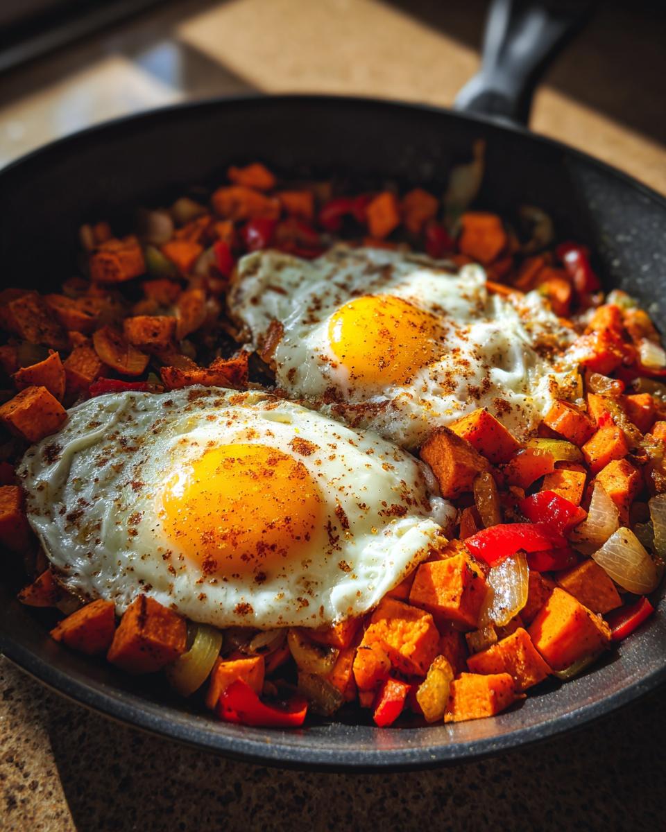 Close-up of Tex Mex Sweet Potato Hash cooked in a cast iron skillet, topped with two sunny-side-up eggs.