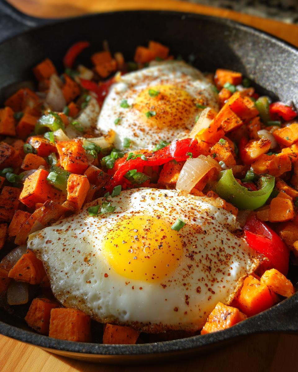 Close-up of Tex Mex Sweet Potato Hash topped with two sunny-side-up eggs seasoned with spices.