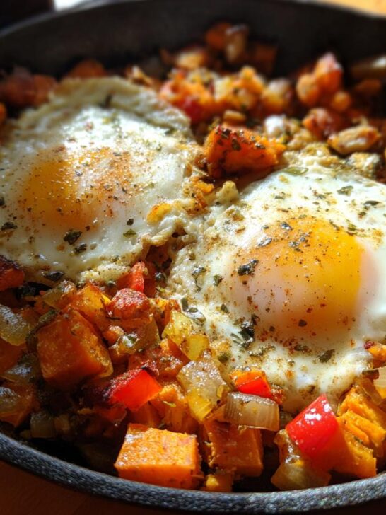 Two sunny-side-up eggs resting on top of vibrant Tex Mex Sweet Potato Hash in a black cast iron skillet.