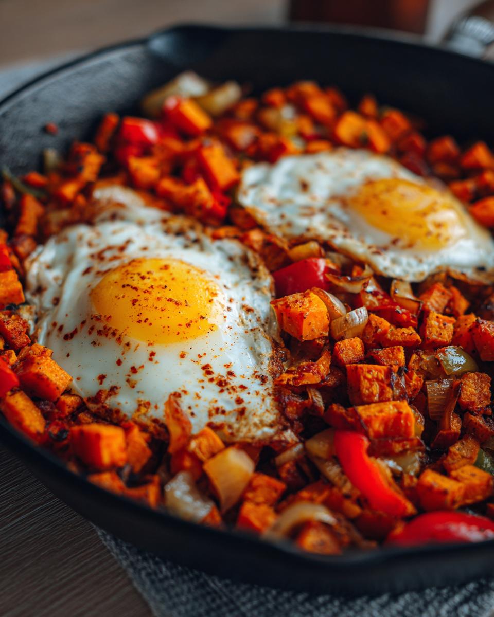 Close-up of Tex Mex Sweet Potato Hash cooked in a cast iron skillet, topped with two sunny-side-up eggs.