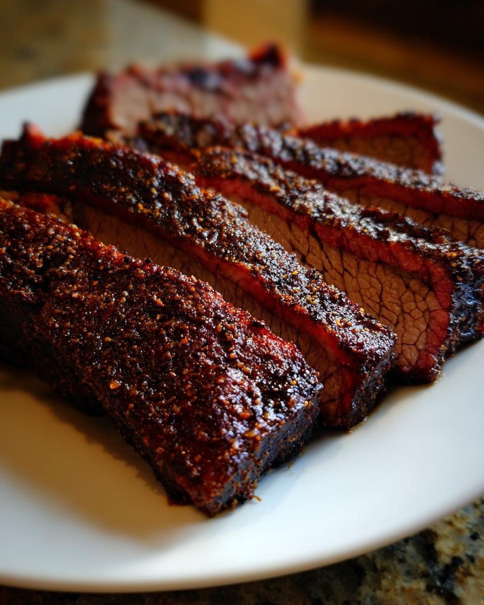 Close-up of several thick slices of juicy Texas Style Brisket In The Oven showing a dark bark and pink smoke ring.