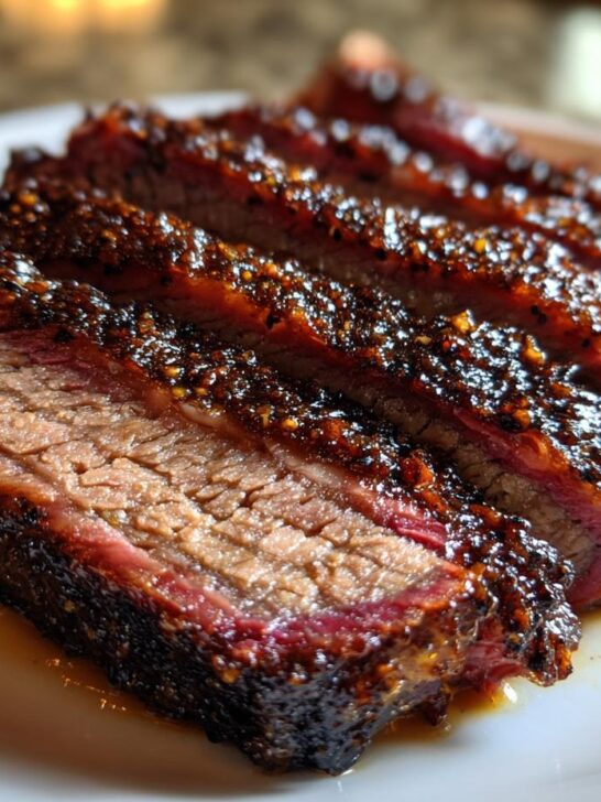 Close-up of several thick slices of juicy Texas Style Brisket In The Oven with a dark, peppery bark and visible smoke ring.