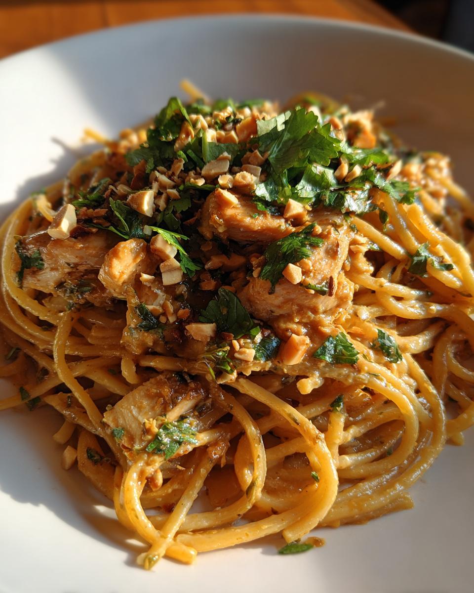 A close-up of creamy Thai Peanut Noodles With Chicken, topped with fresh cilantro and chopped peanuts.