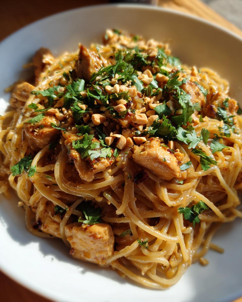 A close-up of a white bowl filled with creamy Thai Peanut Noodles With Chicken, topped with chopped peanuts and fresh cilantro.