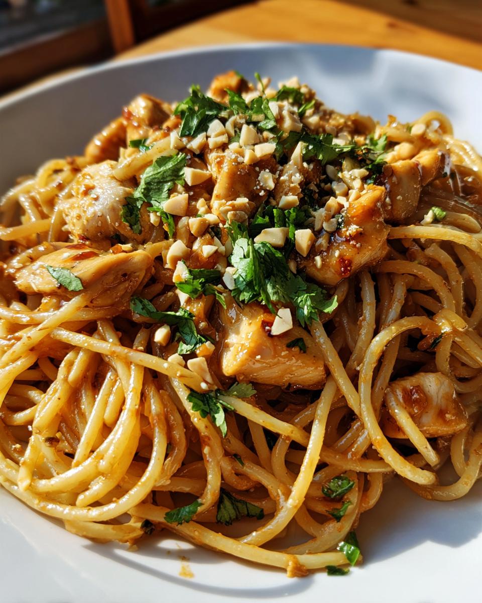 Close-up of saucy noodles and chicken pieces topped with chopped peanuts and cilantro for Thai Peanut Noodles With Chicken.