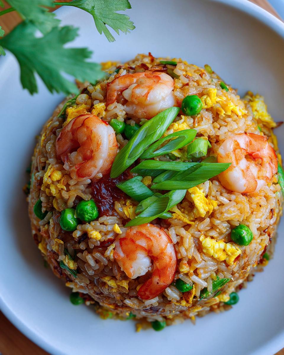 A close-up, top-down view of Thai Shrimp Fried Rice molded into a dome, topped with shrimp, peas, and green onions.