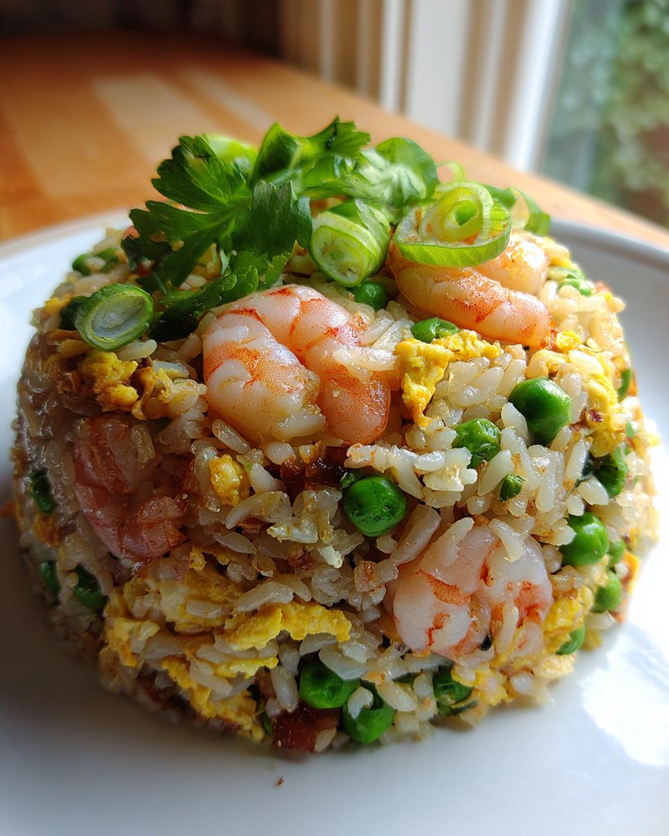 A perfectly molded mound of Thai Shrimp Fried Rice featuring pink shrimp, green peas, scrambled egg, and topped with scallions.