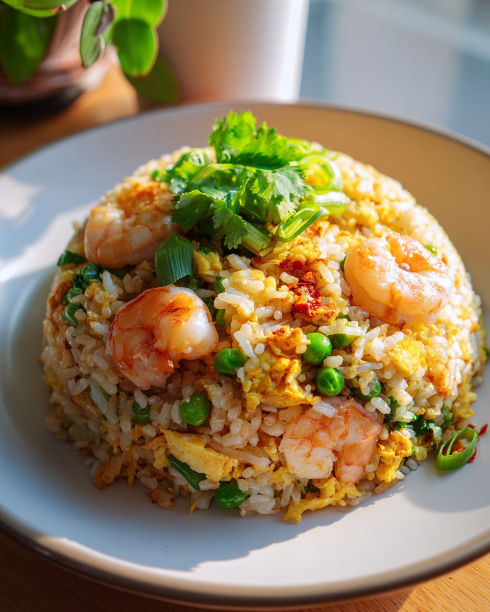 A perfectly molded serving of Thai Shrimp Fried Rice featuring pink shrimp, green peas, scrambled egg, and topped with fresh cilantro.
