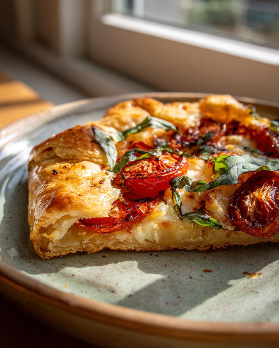 Close-up of a flaky slice of Tomato Basil Galette topped with roasted tomatoes and fresh basil.