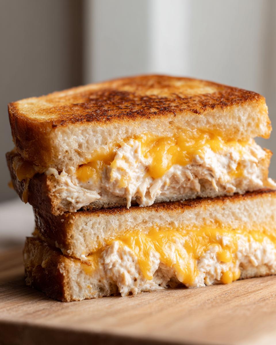 Close-up of a stacked tuna melt sandwich cut in half, showing creamy tuna filling and melted cheddar cheese, perfect for Quick Dinner Recipes.