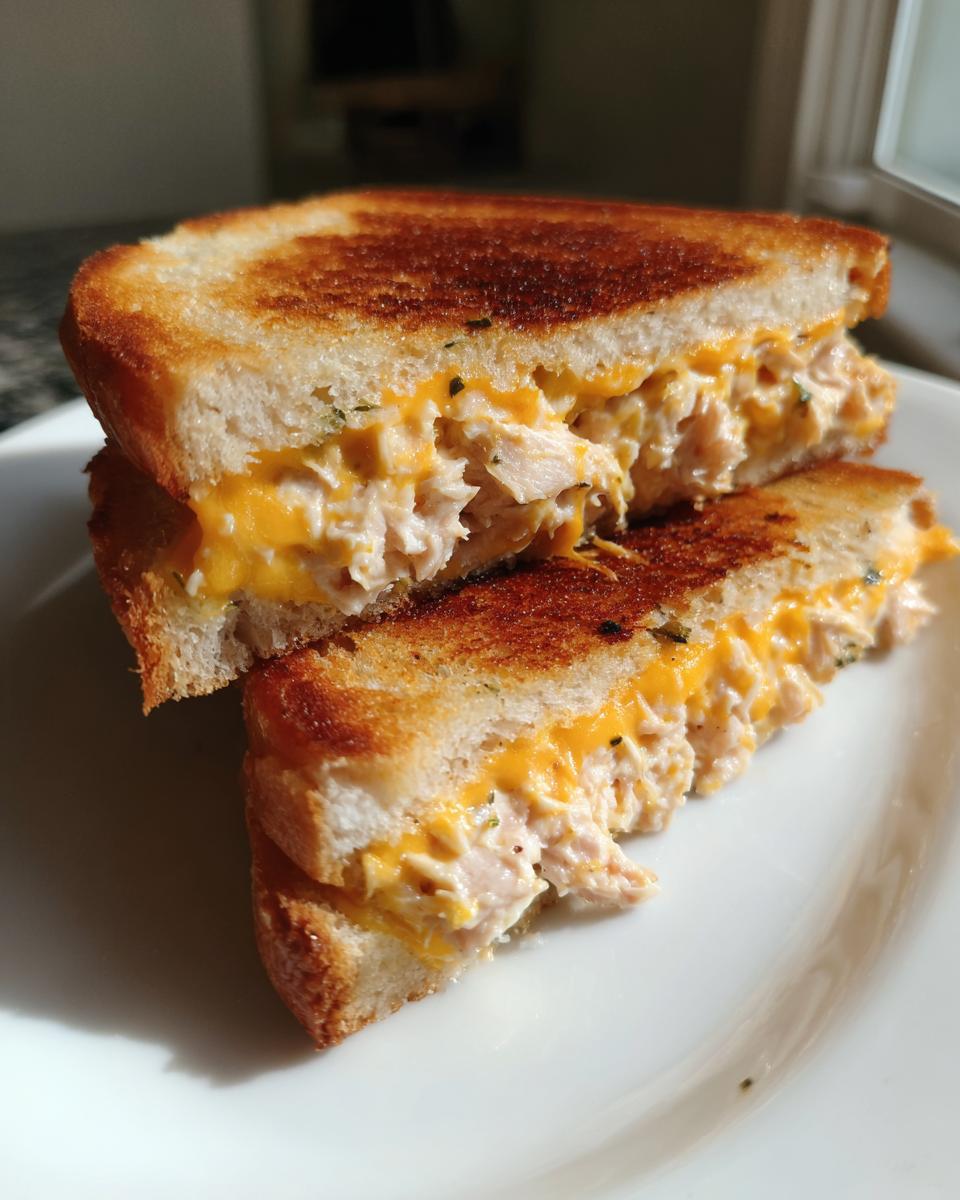 A golden-brown tuna melt sandwich, cut in half, showing creamy tuna salad and melted cheddar cheese, perfect for Quick Dinner Recipes.
