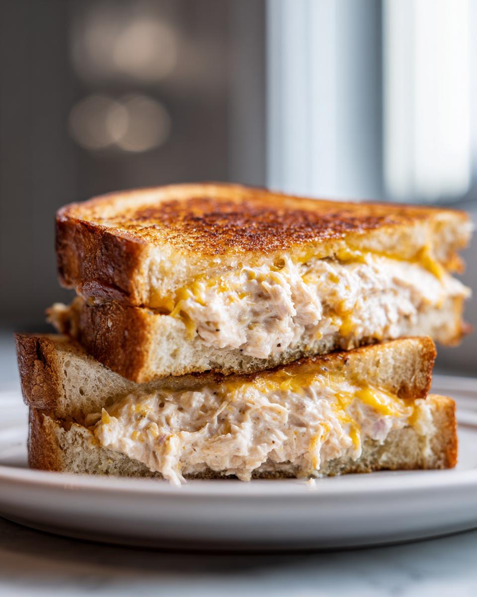 Close-up of a stacked tuna melt sandwich showing creamy tuna salad and melted cheese between toasted bread, perfect for quick dinner recipes.