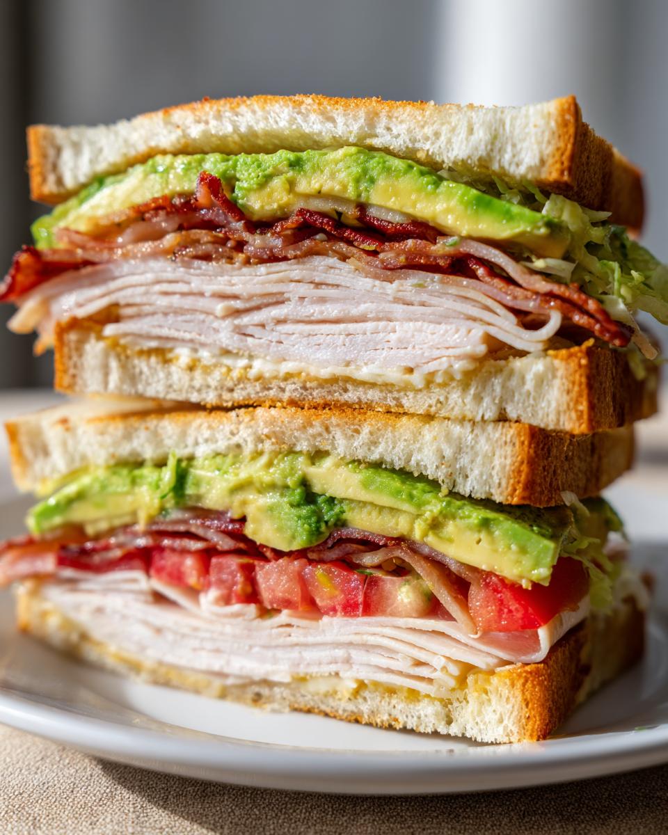 A tall, three-slice Turkey Avocado Club Sandwich stacked high with layers of turkey, bacon, avocado, and tomato on toasted white bread.
