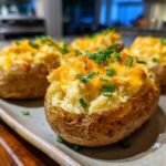 Close-up of perfectly stuffed twice baked potatoes using an air fryer, topped with melted cheddar and chives.