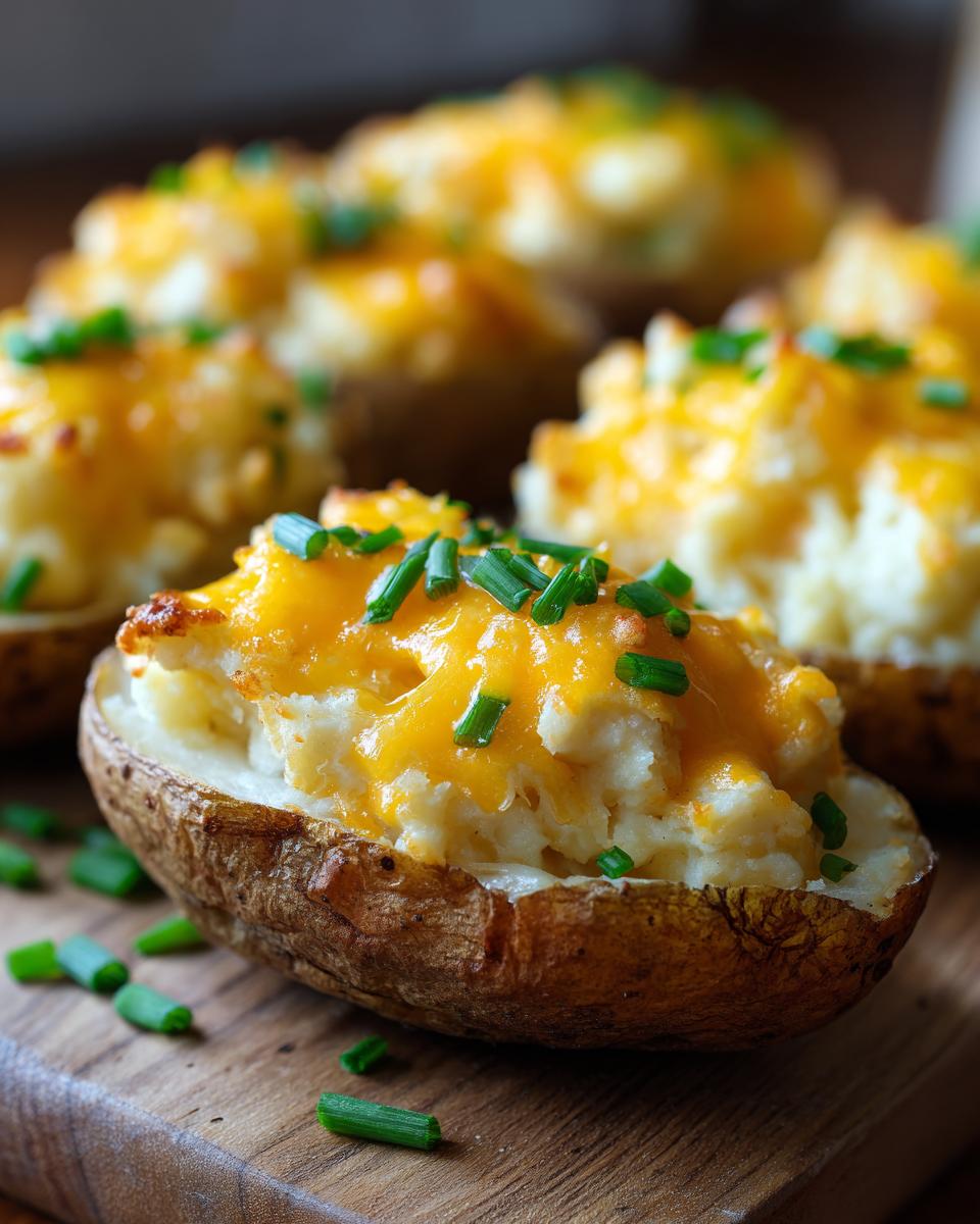 Close-up of a twice baked potato topped with melted cheddar cheese and fresh chives, made using an air fryer.