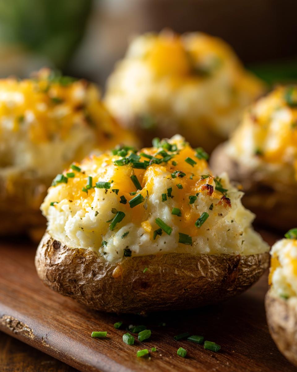 A close-up of a perfectly stuffed twice baked potato using an air fryer, topped with melted cheddar and chives.