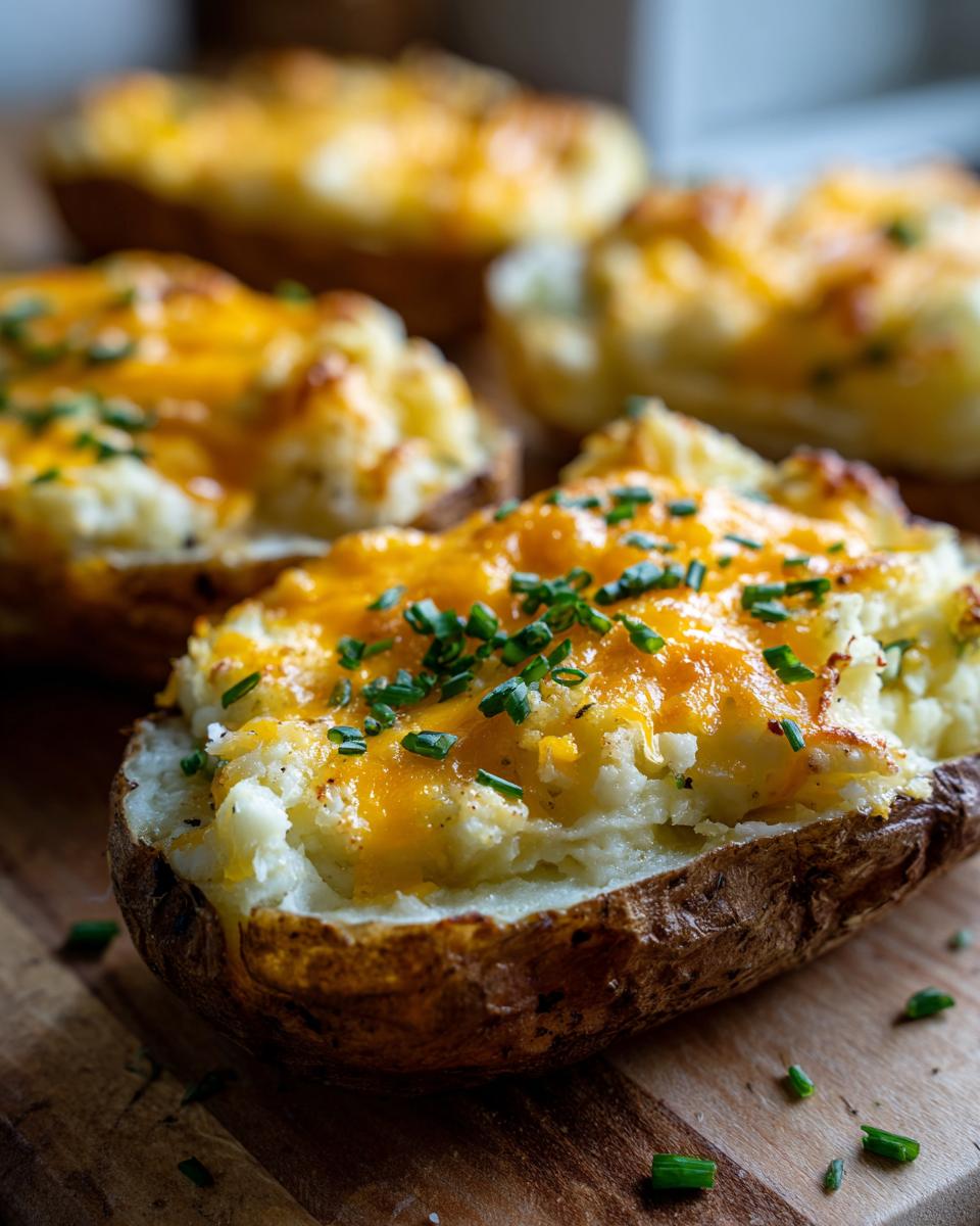 Close-up of a twice baked potato topped with melted cheddar cheese and fresh chives, ready after Making Twice Baked Potatoes Using An Air Fryer.