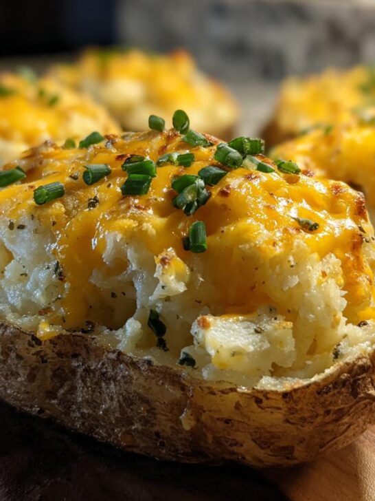 Close-up of cheesy, twice baked potatoes using an air fryer, topped with melted cheddar and chives.