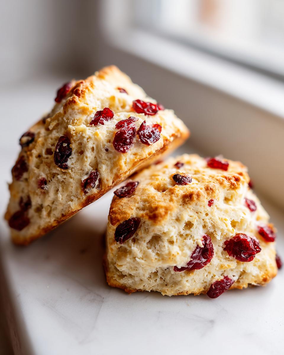 Close-up of two freshly baked Cranberry Orange Scones, studded with dried cranberries, resting on a white marble surface.