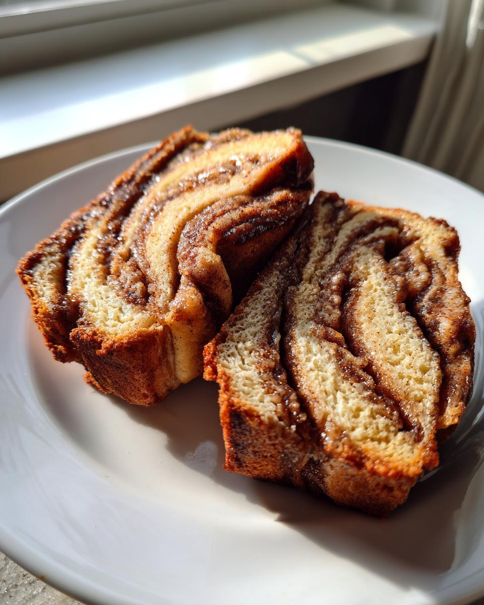 Two thick slices of Apple Cinnamon Babka showing beautiful swirls of cinnamon filling on a white plate.