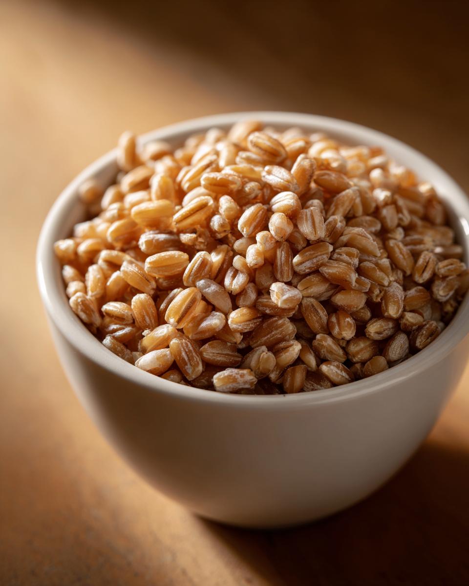 Close-up of uncooked pearl barley grains filling a small white bowl, ideal for discussing the Best Pearl Barley Substitute.