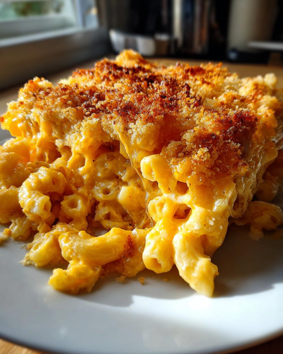 A close-up of a serving of Upgraded Mac And Cheese with a golden, crunchy breadcrumb topping.