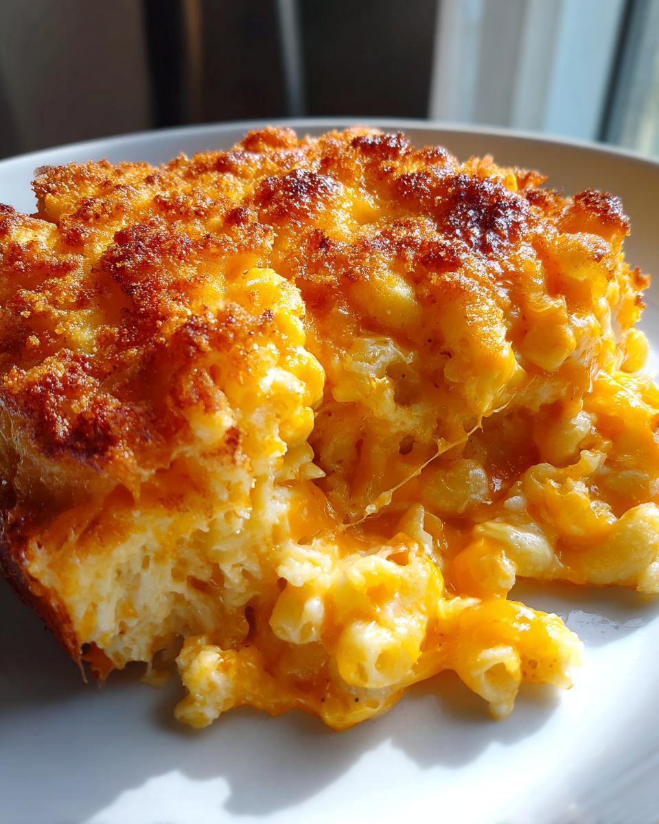 A close-up of a serving of rich, cheesy Upgraded Mac And Cheese with a golden, crispy baked topping.