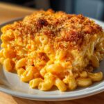 A close-up of a rich serving of Upgraded Mac And Cheese, covered in a golden, crunchy breadcrumb topping.