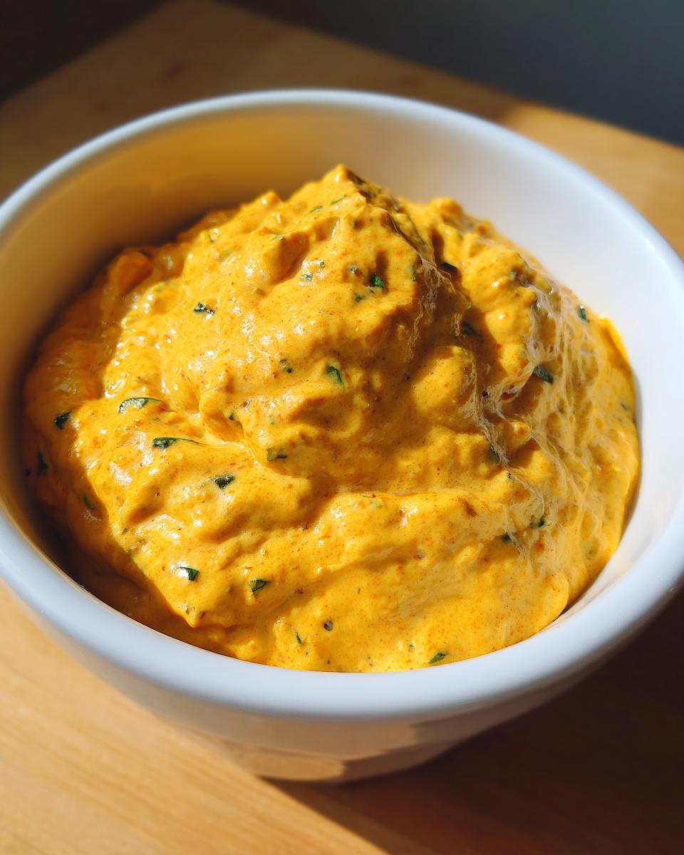 Close-up of thick, vibrant orange Vegan Jalapeno Queso Dip speckled with green herbs in a white bowl.