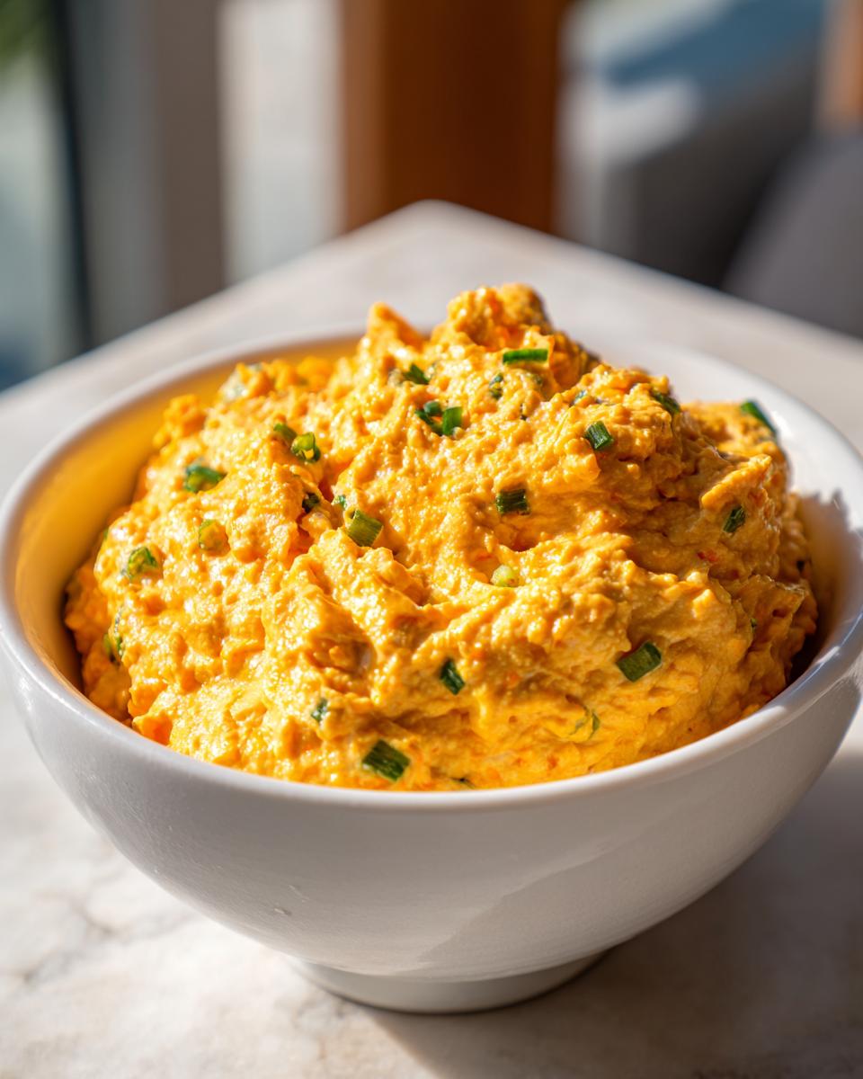 Close-up of a thick, bright orange Vegan Jalapeno Queso Dip topped with chopped green onions in a white bowl.