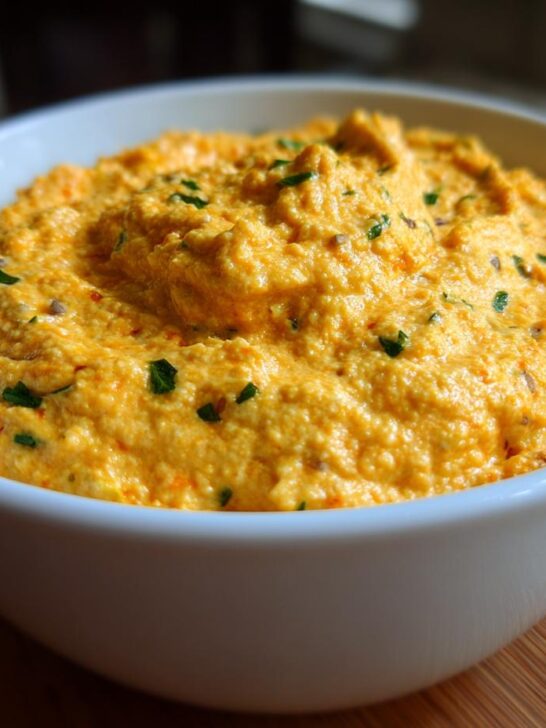 A close-up of a white bowl filled with vibrant orange Vegan Jalapeno Queso Dip, garnished with green herbs.