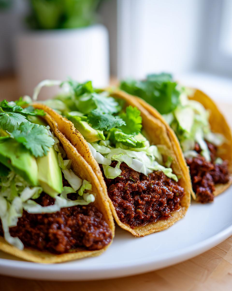 Close-up of three Vegan Jamaican Jerk Walnut Tacos filled with dark, rich walnut filling, shredded lettuce, avocado, and cilantro.