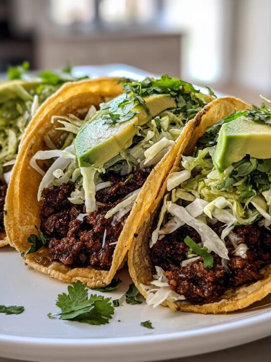 Three Vegan Jamaican Jerk Walnut Tacos filled with dark walnut filling, shredded cabbage, and topped with avocado slices.