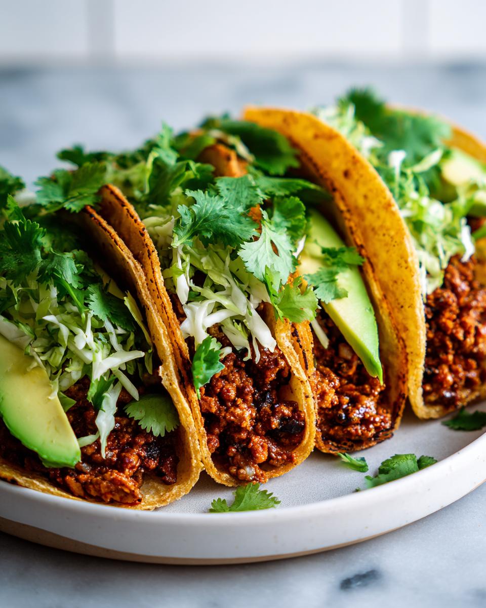 Four crispy tacos filled with rich Vegan Jamaican Jerk Walnut Tacos mixture, topped with shredded cabbage, avocado, and cilantro.