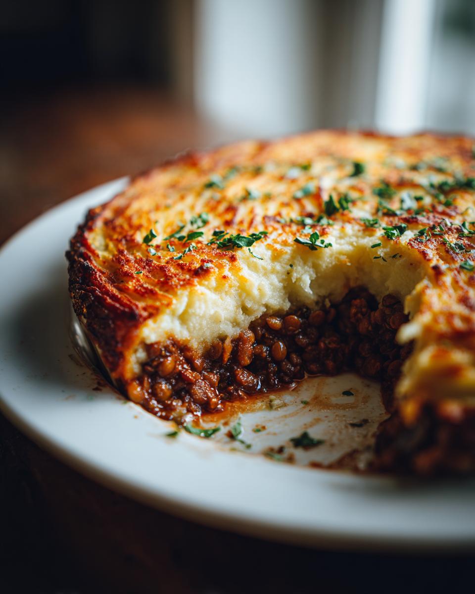 A serving dish showing a slice removed from a Vegan Lentil Shepherd Pie with a golden, crispy mashed potato topping.