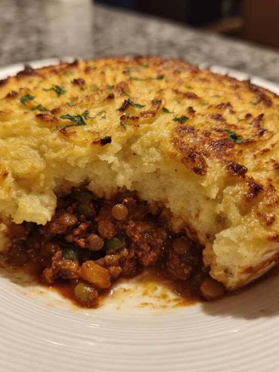 A close-up of a single serving of Vegan Lentil Shepherd Pie with a rich lentil filling and a golden, browned mashed potato topping.