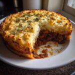 A slice removed from a golden-brown Vegan Lentil Shepherd Pie, showing the rich lentil filling and fluffy mashed potato topping.